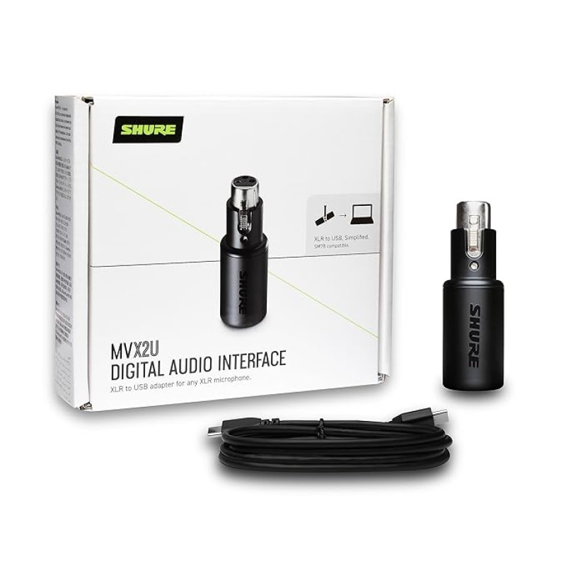 Shure MVX2U XLR-to-USB Digital Interface with Headphone Jack, Integrated Pre-amp with 60dB Gain Control, Zero-Latency Monitoring, 48V Phantom Power, ShurePlus Desktop App, 1m USB-C Cable Shure MVX2U XLR-to-USB Digital Interface with Headphone Jack, Integrated Pre-amp with 60dB Gain Control, Zero-Latency Monitoring, 48V Phantom Power, ShurePlus Desktop App, 1m USB-C Cable