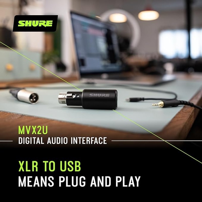 Shure MVX2U XLR-to-USB Digital Interface with Headphone Jack, Integrated Pre-amp with 60dB Gain Control, Zero-Latency Monitoring, 48V Phantom Power, ShurePlus Desktop App, 1m USB-C Cable Shure MVX2U XLR-to-USB Digital Interface with Headphone Jack, Integrated Pre-amp with 60dB Gain Control, Zero-Latency Monitoring, 48V Phantom Power, ShurePlus Desktop App, 1m USB-C Cable