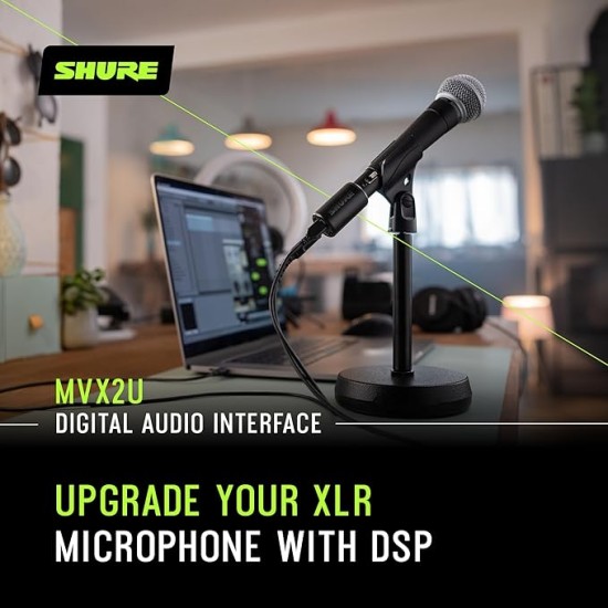Shure MVX2U XLR-to-USB Digital Interface with Headphone Jack, Integrated Pre-amp with 60dB Gain Control, Zero-Latency Monitoring, 48V Phantom Power, ShurePlus Desktop App, 1m USB-C Cable