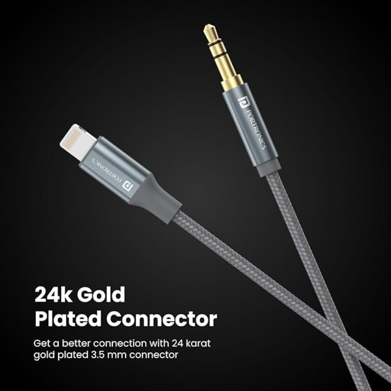 Portronics ikonnect L+ 8Pin to 3.5mm Aux Cable with 1M Length, Nylon Braided, Metal Heads, Gold Plated Connector Compatible with Cars, Mobiles, Headphones & Home Theatres(Black) Portronics ikonnect L+ 8Pin to 3.5mm Aux Cable with 1M Length, Nylon Braided, Metal Heads, Gold Plated Connector Compatible with Cars, Mobiles, Headphones & Home Theatres(Black)