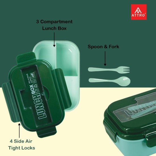 Attro Magic Lunch Box with 3 Compartment,2 Spoons&Stylishlid Use As Phone Holder Made with Heavy Platic Material Bpa Free Perfect for School,Office,Outdoor-Green Turquoise,1200 ml,Plastic