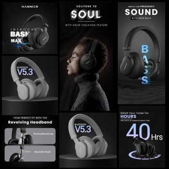 (Refurbished) HAMMER Bash Max Over The Ear Wireless Bluetooth Headphones with Mic, Touch Control, Deep Bass, Upto 40 Hours Playtime, Bluetooth 5.3, Workout/Travel (Black) (Refurbished) HAMMER Bash Max Over The Ear Wireless Bluetooth Headphones with Mic, Touch Control, Deep Bass, Upto 40 Hours Playtime, Bluetooth 5.3, Workout/Travel (Black)