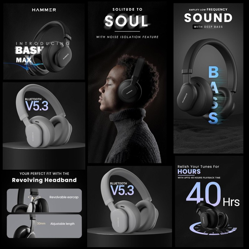 (Refurbished) HAMMER Bash Max Over The Ear Wireless Bluetooth Headphones with Mic, Touch Control, Deep Bass, Upto 40 Hours Playtime, Bluetooth 5.3, Workout/Travel (Black) (Refurbished) HAMMER Bash Max Over The Ear Wireless Bluetooth Headphones with Mic, Touch Control, Deep Bass, Upto 40 Hours Playtime, Bluetooth 5.3, Workout/Travel (Black)