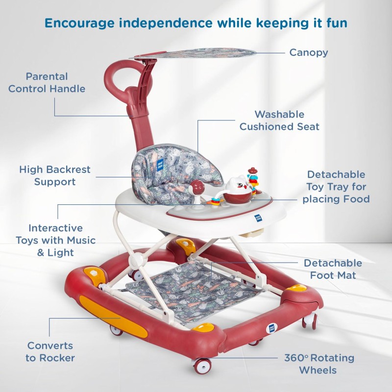 Mee Mee 2-in-1 Baby Walker & Rocker with Parental Push Handle, 3 Level Height Adjustable with Light & Musical Toys, 360� Rotating Wheels, Cushioned Walker for Baby 6-18 Months, Upto 15 Kg (Red) Mee Mee 2-in-1 Baby Walker & Rocker with Parental Push Handle, 3 Level Height Adjustable with Light & Musical Toys, 360� Rotating Wheels, Cushioned Walker for Baby 6-18 Months, Upto 15 Kg (Red)