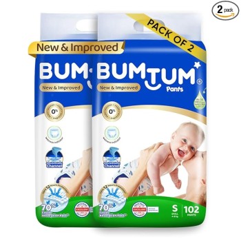 Bumtum Baby Diaper Pants, Small Size, 204 Count, Double Layer Leakage Protection Infused With Aloe Vera, Cottony Soft High Absorb Technology