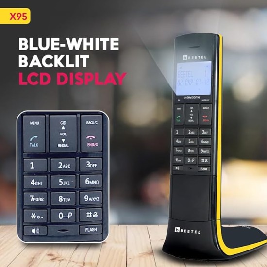 Beetel X95 Flagship Designer Cordless Landline Phone,Proudly Designed in India,2.4GHz,Dual Tone,Blue-White LCD,2-Way Speaker Phone,Ringer & Volume Control,Auto Answer,Alarm(X95)(Black/Yellow) Beetel X95 Flagship Designer Cordless Landline Phone,Proudly Designed in India,2.4GHz,Dual Tone,Blue-White LCD,2-Way Speaker Phone,Ringer & Volume Control,Auto Answer,Alarm(X95)(Black/Yellow)