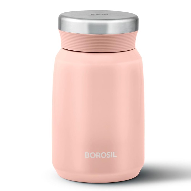 Borosil CarryMate 500ml Stainless Steel Jar with Lid | 12 hrs Hot & 13 hrs Cold | Double Wall Vacuum Insulated Food & Soup Flask | Spill & Leakproof Thermos Tiffin for Meal, Soups, Dal, Sambhar, Pink Borosil CarryMate 500ml Stainless Steel Jar with Lid | 12 hrs Hot & 13 hrs Cold | Double Wall Vacuum Insulated Food & Soup Flask | Spill & Leakproof Thermos Tiffin for Meal, Soups, Dal, Sambhar, Pink