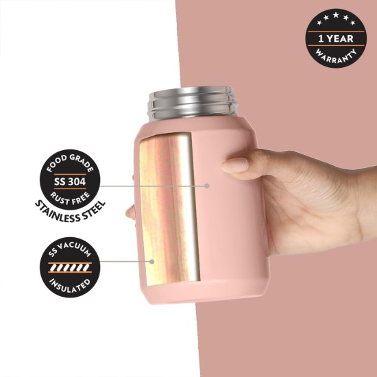 Borosil CarryMate 500ml Stainless Steel Jar with Lid | 12 hrs Hot & 13 hrs Cold | Double Wall Vacuum Insulated Food & Soup Flask | Spill & Leakproof Thermos Tiffin for Meal, Soups, Dal, Sambhar, Pink