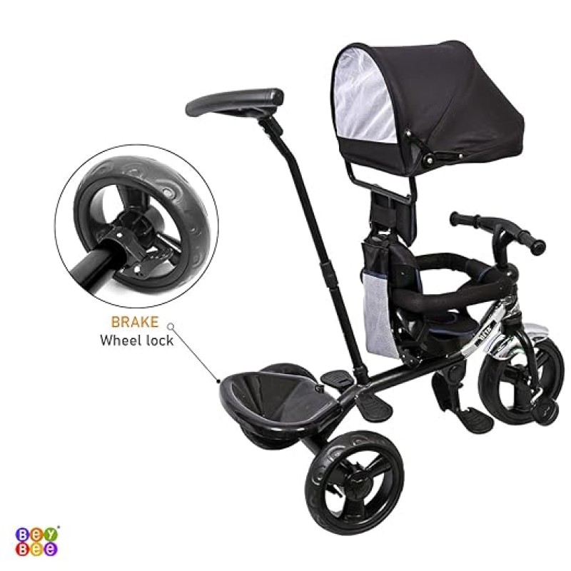 BeyBee| Beta Secure Baby Tricycle for Kids with Sun Canopy & Parents Handle and Also with a Storage Basket Back Side | Color Wheels for Boys and Girls for Age 1 to 5 yrs (Black) BeyBee| Beta Secure Baby Tricycle for Kids with Sun Canopy & Parents Handle and Also with a Storage Basket Back Side | Color Wheels for Boys and Girls for Age 1 to 5 yrs (Black)
