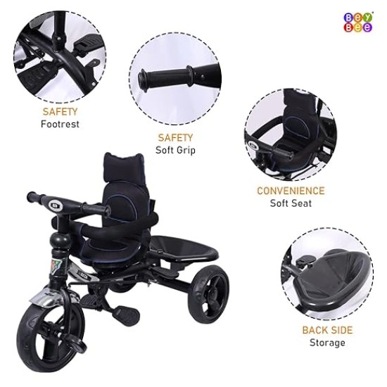BeyBee| Beta Secure Baby Tricycle for Kids with Sun Canopy & Parents Handle and Also with a Storage Basket Back Side | Color Wheels for Boys and Girls for Age 1 to 5 yrs (Black)