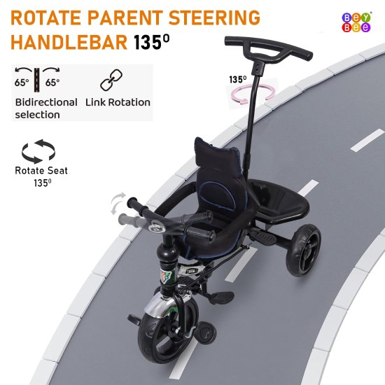 BeyBee| Beta Secure Baby Tricycle for Kids with Sun Canopy & Parents Handle and Also with a Storage Basket Back Side | Color Wheels for Boys and Girls for Age 1 to 5 yrs (Black)
