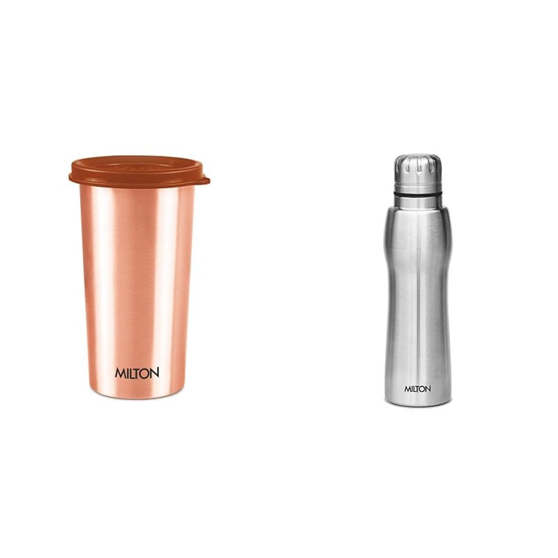 MILTON Copper Drinking Water Tumbler with Lid, 1 Piece, 480 Ml & Elate 750 Water Bottle, 635 Ml, Silver (Pack of 1) MILTON Copper Drinking Water Tumbler with Lid, 1 Piece, 480 Ml & Elate 750 Water Bottle, 635 Ml, Silver (Pack of 1)