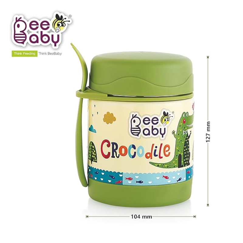 BEEBABY Steelios Double Vacuum Wall Insulated Food Jar Container with Spork (Spoon+Fork). Made of Food Grade Stainless Steel (SS304) for Toddlers, Babies. 100% BPA Free. 325 ML (Crocodile_Green) BEEBABY Steelios Double Vacuum Wall Insulated Food Jar Container with Spork (Spoon+Fork). Made of Food Grade Stainless Steel (SS304) for Toddlers, Babies. 100% BPA Free. 325 ML (Crocodile_Green)