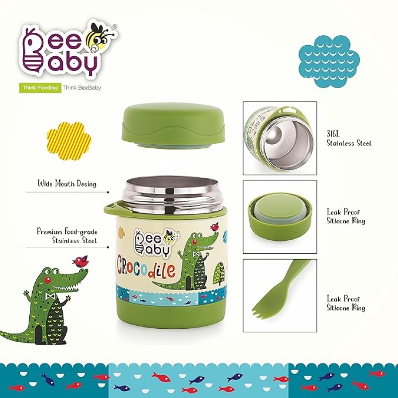 BEEBABY Steelios Double Vacuum Wall Insulated Food Jar Container with Spork (Spoon+Fork). Made of Food Grade Stainless Steel (SS304) for Toddlers, Babies. 100% BPA Free. 325 ML (Crocodile_Green) BEEBABY Steelios Double Vacuum Wall Insulated Food Jar Container with Spork (Spoon+Fork). Made of Food Grade Stainless Steel (SS304) for Toddlers, Babies. 100% BPA Free. 325 ML (Crocodile_Green)