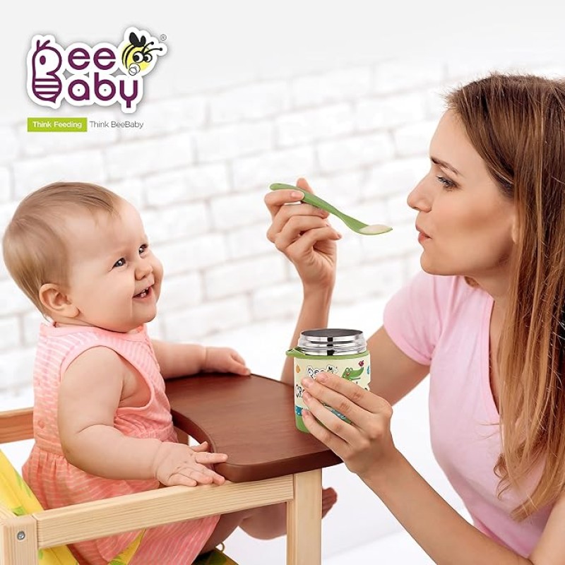 BEEBABY Steelios Double Vacuum Wall Insulated Food Jar Container with Spork (Spoon+Fork). Made of Food Grade Stainless Steel (SS304) for Toddlers, Babies. 100% BPA Free. 325 ML (Crocodile_Green) BEEBABY Steelios Double Vacuum Wall Insulated Food Jar Container with Spork (Spoon+Fork). Made of Food Grade Stainless Steel (SS304) for Toddlers, Babies. 100% BPA Free. 325 ML (Crocodile_Green)