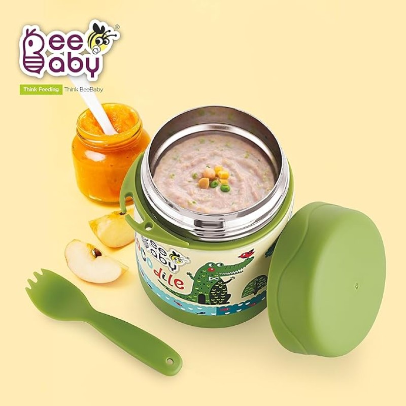 BEEBABY Steelios Double Vacuum Wall Insulated Food Jar Container with Spork (Spoon+Fork). Made of Food Grade Stainless Steel (SS304) for Toddlers, Babies. 100% BPA Free. 325 ML (Crocodile_Green) BEEBABY Steelios Double Vacuum Wall Insulated Food Jar Container with Spork (Spoon+Fork). Made of Food Grade Stainless Steel (SS304) for Toddlers, Babies. 100% BPA Free. 325 ML (Crocodile_Green)