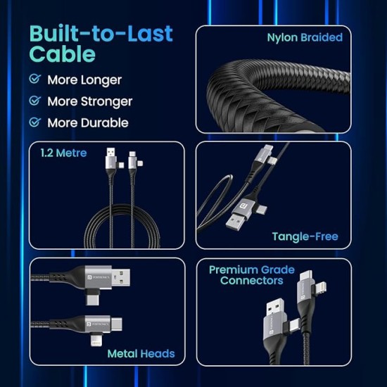 Portronics Konnect 4 IN 1 Unbreakable Nylon Braided Multi Functional Fast Charging Cable with Fast Data Transfer,Compatible with All Type C Android Smartphone & Lighting Device etc.(Black)