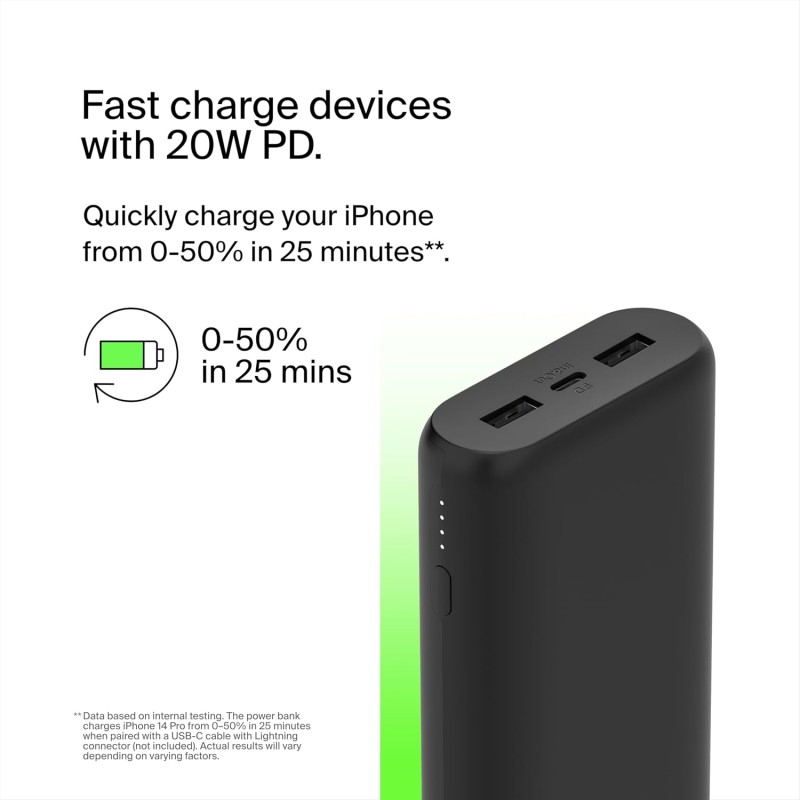 (Refurbished) Belkin 20000 mAh 20W Power Bank | Super Fast Charging | USB-C PD Port | Fast Charging for iPhone 17, Air, Pro, Pro Max, AirPods, Samsung Galaxy S25, Google Pixel 10 & More | 2 Years Warranty | Black (Refurbished) Belkin 20000 mAh 20W Power Bank | Super Fast Charging | USB-C PD Port | Fast Charging for iPhone 17, Air, Pro, Pro Max, AirPods, Samsung Galaxy S25, Google Pixel 10 & More | 2 Years Warranty | Black