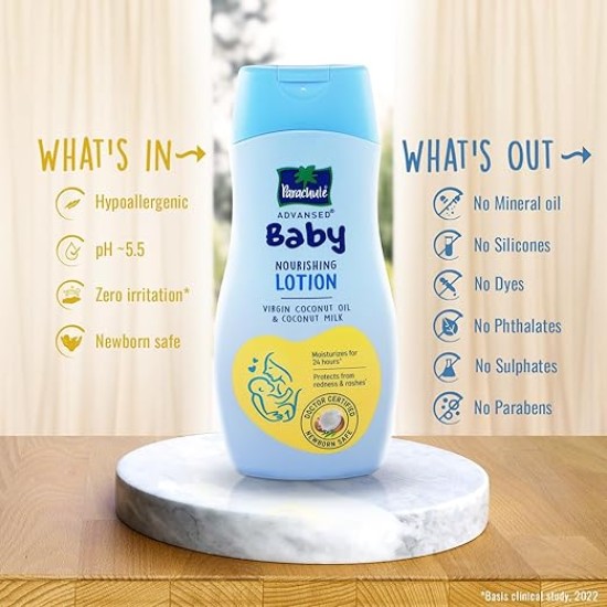 Parachute Advansed Baby Lotion for New Born Babies | Doctor Certified | Virgin Coconut Oil & Coconut Milk | Ph 5.5 | 24 Hour Moisturization | 410ml
