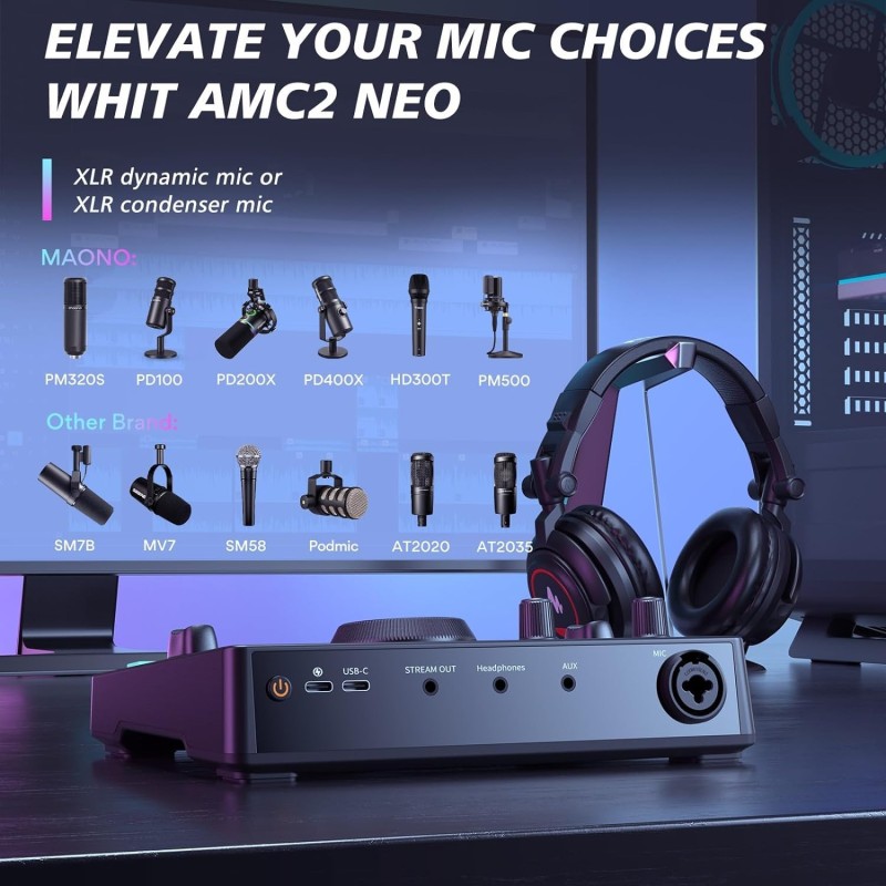 MAONO Audio Interface for Recording Studio, Audio Mixer with Noise Reduction, Pro-preamp, 48V Phantom Power, Special Effects, 8H Battery, Monitoring for Podcast Recording, Streaming, Singing-AMC2 NEO MAONO Audio Interface for Recording Studio, Audio Mixer with Noise Reduction, Pro-preamp, 48V Phantom Power, Special Effects, 8H Battery, Monitoring for Podcast Recording, Streaming, Singing-AMC2 NEO