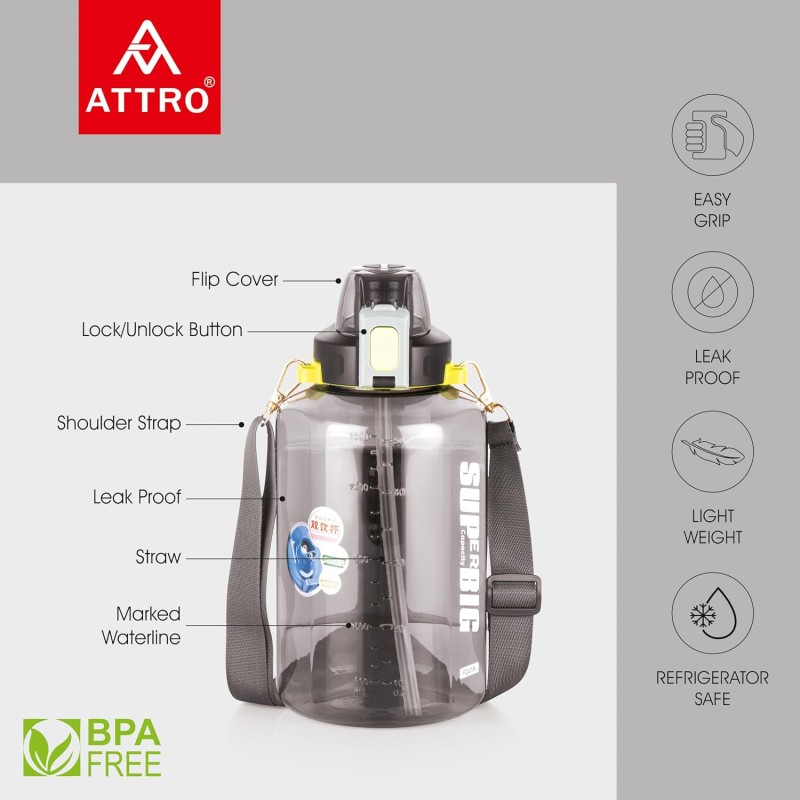 ATTRO Gallon Bottle 1500ml with Flip Lid Easy To Carry with Grip Handle,Hand Strap & Detachable Belt BPA-Free, Leak-Proof Ideal for Gym Workouts,Sports,Outdoors,School & Office-Black ATTRO Gallon Bottle 1500ml with Flip Lid Easy To Carry with Grip Handle,Hand Strap & Detachable Belt BPA-Free, Leak-Proof Ideal for Gym Workouts,Sports,Outdoors,School & Office-Black