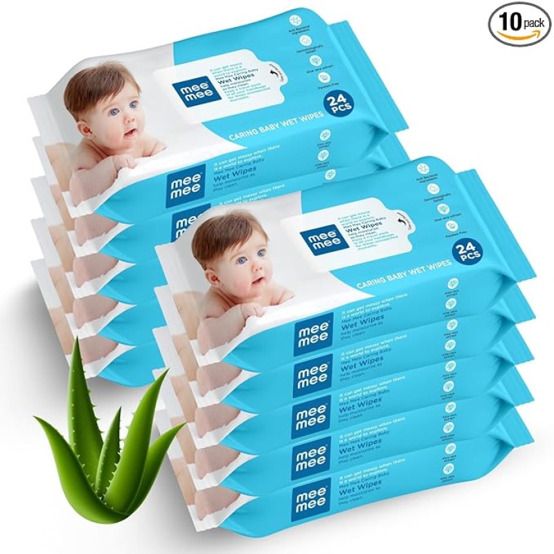 Mee Mee Soft Gentle Baby Wet Wipes (24 Wipes) Pack of 10 | Infused with Aloe Vera and Vitamin E | Paraben & Sulfate Free | Multipurpose Cleansing Wipes | Wipes Combo for Babies Mee Mee Soft Gentle Baby Wet Wipes (24 Wipes) Pack of 10 | Infused with Aloe Vera and Vitamin E | Paraben & Sulfate Free | Multipurpose Cleansing Wipes | Wipes Combo for Babies