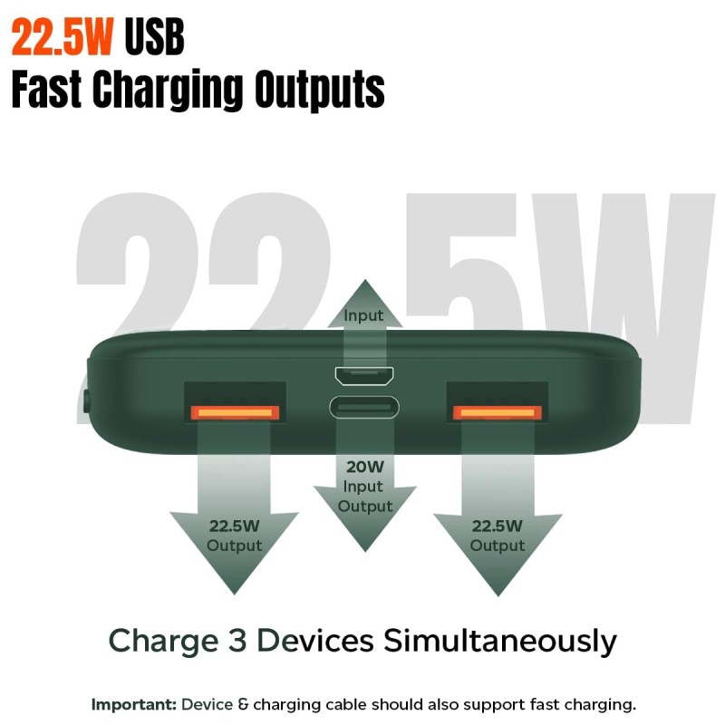 (Refurbished) pTron Dynamo 10000mAh 22.5W Power Bank Supports VOOC/Wrap/Dash USB Charging, 20W PD Fast Charging, 3 Output, 2 Input Ports Type-C/PD & Micro USB & Multiple Layers of Protection (Blue)