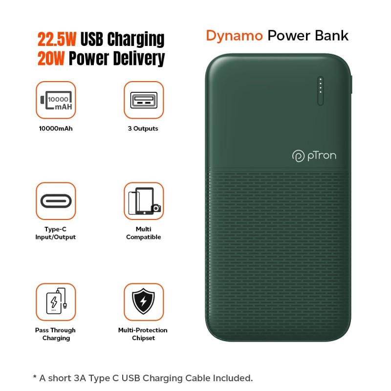 (Refurbished) pTron Dynamo 10000mAh 22.5W Power Bank Supports VOOC/Wrap/Dash USB Charging, 20W PD Fast Charging, 3 Output, 2 Input Ports Type-C/PD & Micro USB & Multiple Layers of Protection (Blue)