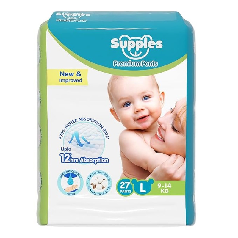 Amazon Brand - Supples Premium Baby Diaper Pants | 27 Baby Diapers | Large | 9-14 Kg | 12 Hrs Absorption | Cushiony Cotton Soft Fabric | Phthalates-Free | Triple Leak Guard Amazon Brand - Supples Premium Baby Diaper Pants | 27 Baby Diapers | Large | 9-14 Kg | 12 Hrs Absorption | Cushiony Cotton Soft Fabric | Phthalates-Free | Triple Leak Guard
