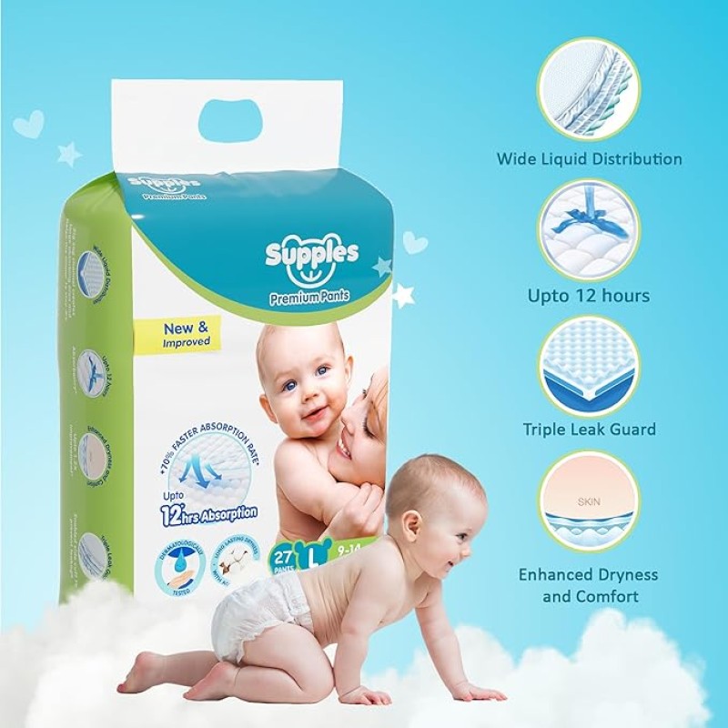 Amazon Brand - Supples Premium Baby Diaper Pants | 27 Baby Diapers | Large | 9-14 Kg | 12 Hrs Absorption | Cushiony Cotton Soft Fabric | Phthalates-Free | Triple Leak Guard Amazon Brand - Supples Premium Baby Diaper Pants | 27 Baby Diapers | Large | 9-14 Kg | 12 Hrs Absorption | Cushiony Cotton Soft Fabric | Phthalates-Free | Triple Leak Guard