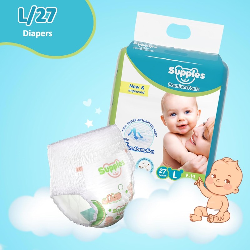 Amazon Brand - Supples Premium Baby Diaper Pants | 27 Baby Diapers | Large | 9-14 Kg | 12 Hrs Absorption | Cushiony Cotton Soft Fabric | Phthalates-Free | Triple Leak Guard Amazon Brand - Supples Premium Baby Diaper Pants | 27 Baby Diapers | Large | 9-14 Kg | 12 Hrs Absorption | Cushiony Cotton Soft Fabric | Phthalates-Free | Triple Leak Guard