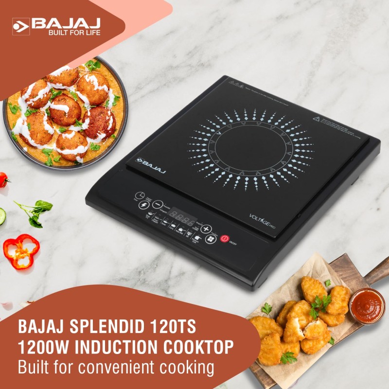 Bajaj Splendid 120TS 1200 Watts Induction Cooktop With Tact Switch | Stove Comes With 7 Pre-Set Menus | Digital Led Display | 1 Year Warranty | Black and White