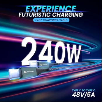 Portronics Konnect 240C 240W Futuristic Unbreakable Nylon Braided Type C Fast Charging Cable 1.2M Long, Supports Laptop and All C Smartphones and Devices (Black) Portronics Konnect 240C 240W Futuristic Unbreakable Nylon Braided Type C Fast Charging Cable 1.2M Long, Supports Laptop and All C Smartphones and Devices (Black)