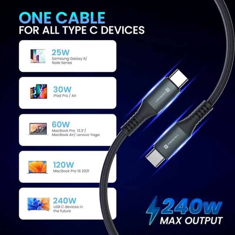 Portronics Konnect 240C 240W Futuristic Unbreakable Nylon Braided Type C Fast Charging Cable 1.2M Long, Supports Laptop and All C Smartphones and Devices (Black)