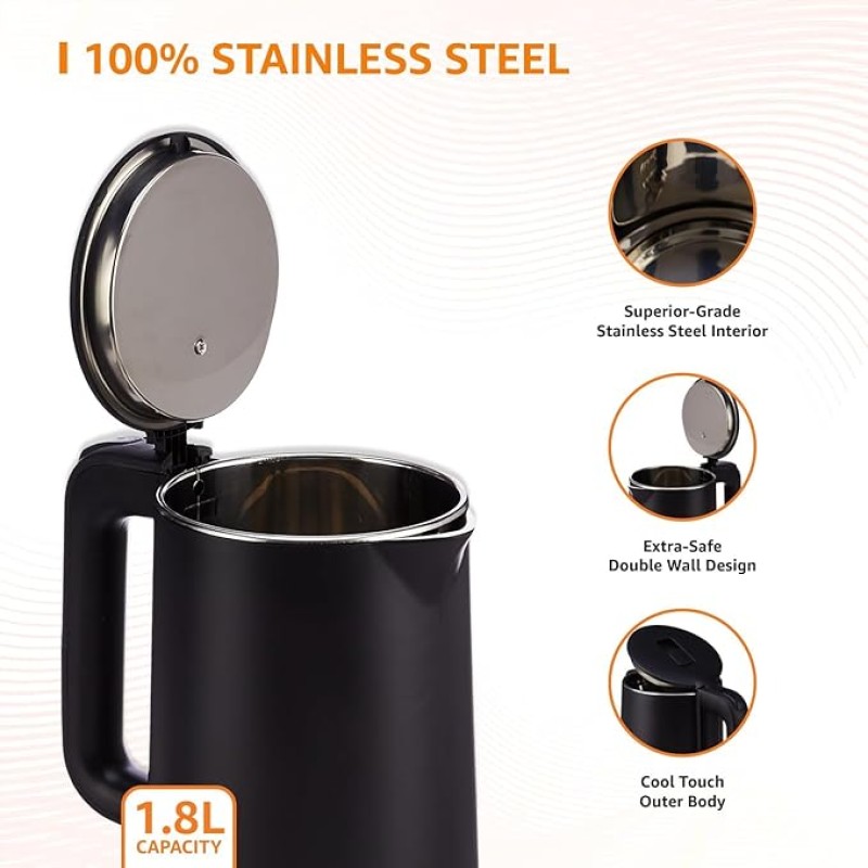 amazon basics 1.5 Liter Cool Touch Electric Kettle|1500 Watt|Stainless Steel Body|Auto Cut-Off|Triple Safety Protection(Black) amazon basics 1.5 Liter Cool Touch Electric Kettle|1500 Watt|Stainless Steel Body|Auto Cut-Off|Triple Safety Protection(Black)