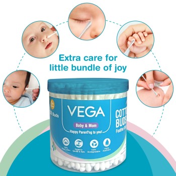 Vega Baby & Mom Cotton Buds (200 Buds, 400 Tips) (PP Can) | for Baby's Hygiene & Care | 100% Cotton |100% Care | Gently Clean Baby Skin | Convenient Pack Sizes, (VBHA3-04) Vega Baby & Mom Cotton Buds (200 Buds, 400 Tips) (PP Can) | for Baby's Hygiene & Care | 100% Cotton |100% Care | Gently Clean Baby Skin | Convenient Pack Sizes, (VBHA3-04)