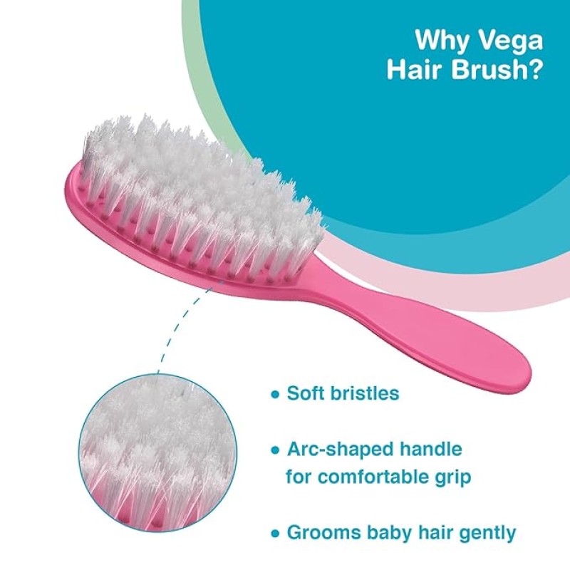 Vega Baby & Mom Comb & Brush Set - Pink | Crafted for Delicate Baby Scalp| Detangle Baby Hair Easily | Ultra Soft Nylon Bristle| Rount Tippped Tooth |Scalp Massage and Stimulation, (VBGA3-04)