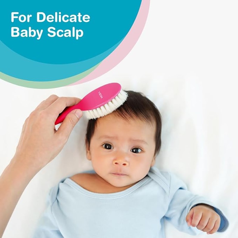 Vega Baby & Mom Comb & Brush Set - Pink | Crafted for Delicate Baby Scalp| Detangle Baby Hair Easily | Ultra Soft Nylon Bristle| Rount Tippped Tooth |Scalp Massage and Stimulation, (VBGA3-04)