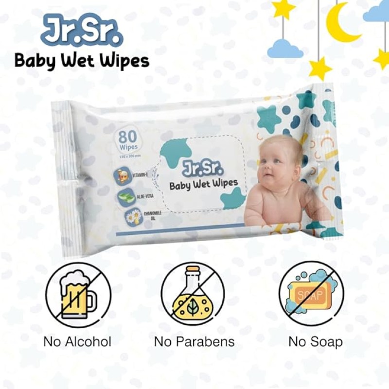 Jr. Sr. Baby Wipes with Aloe Vera, Vitamin E & Chamomile Oil | Pack of 3 | 240 Sheets Jr. Sr. Baby Wipes with Aloe Vera, Vitamin E & Chamomile Oil | Pack of 3 | 240 Sheets