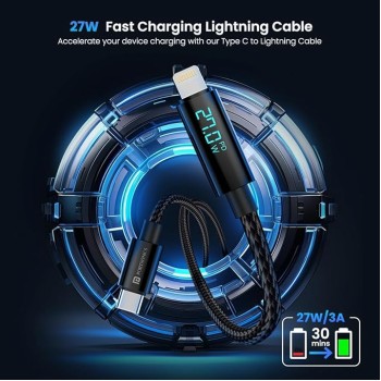 Portronics Konnect View 3A 27W Futuristic Type C to 8 Pin Unbreakable Nylon Braided Fast Charging Cable with Real Time Monitoring Led Display, Fast Data Sync, Support all Lighting Devices 1.2M Length Portronics Konnect View 3A 27W Futuristic Type C to 8 Pin Unbreakable Nylon Braided Fast Charging Cable with Real Time Monitoring Led Display, Fast Data Sync, Support all Lighting Devices 1.2M Length