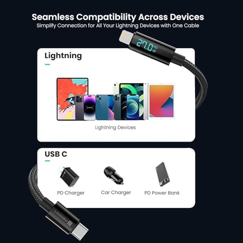 Portronics Konnect View 3A 27W Futuristic Type C to 8 Pin Unbreakable Nylon Braided Fast Charging Cable with Real Time Monitoring Led Display, Fast Data Sync, Support all Lighting Devices 1.2M Length Portronics Konnect View 3A 27W Futuristic Type C to 8 Pin Unbreakable Nylon Braided Fast Charging Cable with Real Time Monitoring Led Display, Fast Data Sync, Support all Lighting Devices 1.2M Length