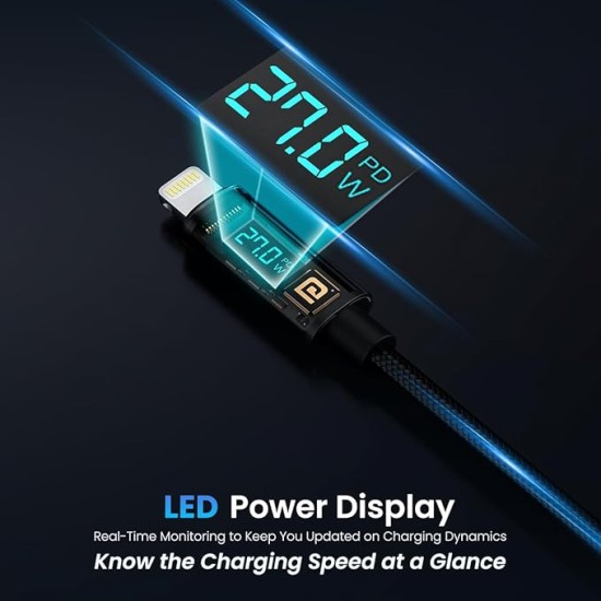Portronics Konnect View 3A 27W Futuristic Type C to 8 Pin Unbreakable Nylon Braided Fast Charging Cable with Real Time Monitoring Led Display, Fast Data Sync, Support all Lighting Devices 1.2M Length