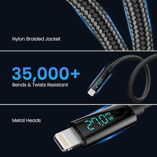 Portronics Konnect View 3A 27W Futuristic Type C to 8 Pin Unbreakable Nylon Braided Fast Charging Cable with Real Time Monitoring Led Display, Fast Data Sync, Support all Lighting Devices 1.2M Length