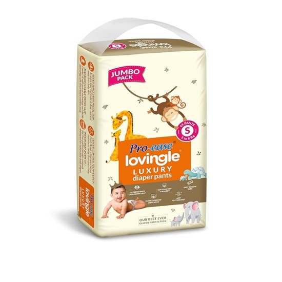 Pro-ease Lovingle Luxury Baby Diaper|Pant Style Diaper for Baby|Diaper S size|2X Preference on Absorption*IAdvanced Leakage Protection|Wetness Indicator|Easy Throw Tape|5-8 kg|69 Pieces