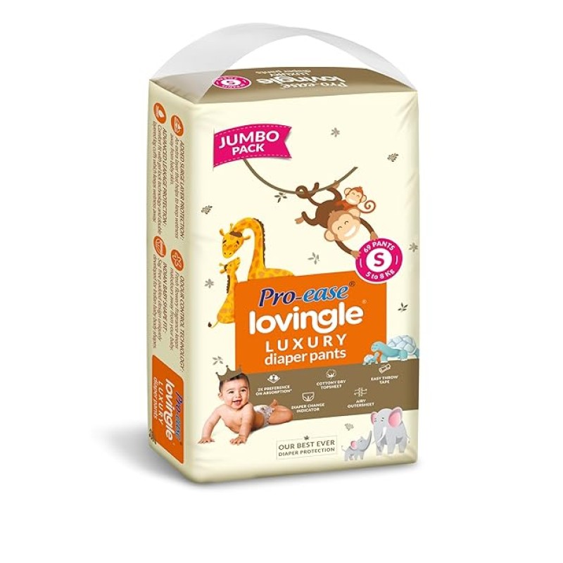 Pro-ease Lovingle Luxury Baby Diaper|Pant Style Diaper for Baby|Diaper S size|2X Preference on Absorption*IAdvanced Leakage Protection|Wetness Indicator|Easy Throw Tape|5-8 kg|69 Pieces Pro-ease Lovingle Luxury Baby Diaper|Pant Style Diaper for Baby|Diaper S size|2X Preference on Absorption*IAdvanced Leakage Protection|Wetness Indicator|Easy Throw Tape|5-8 kg|69 Pieces