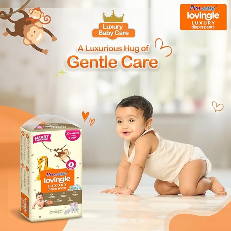 Pro-ease Lovingle Luxury Baby Diaper|Pant Style Diaper for Baby|Diaper S size|2X Preference on Absorption*IAdvanced Leakage Protection|Wetness Indicator|Easy Throw Tape|5-8 kg|69 Pieces Pro-ease Lovingle Luxury Baby Diaper|Pant Style Diaper for Baby|Diaper S size|2X Preference on Absorption*IAdvanced Leakage Protection|Wetness Indicator|Easy Throw Tape|5-8 kg|69 Pieces