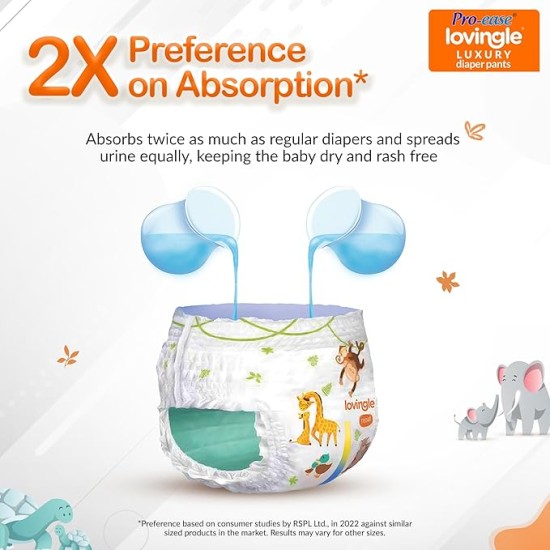 Pro-ease Lovingle Luxury Baby Diaper|Pant Style Diaper for Baby|Diaper S size|2X Preference on Absorption*IAdvanced Leakage Protection|Wetness Indicator|Easy Throw Tape|5-8 kg|69 Pieces