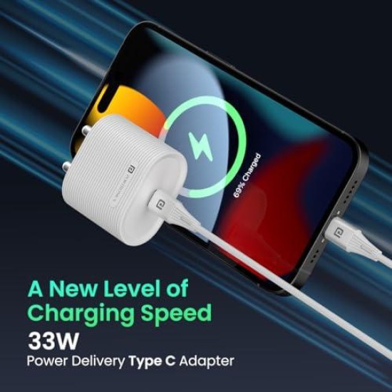 Portronics Adapto 33G 33W GaN Type C PD Port Fast Wall Charger Comes with 60W Nylon Braided Type C to Type C Fast Charging Cable, Compatible with iPhone 8 and Above, iPad, Tablet(White)