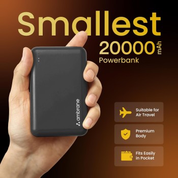 (Refurbished) Ambrane 20000 mAh Mini Power Bank with 22.5W Fast Charging, Pocket Size, Triple Output, Type C PD (Input & Output), Li-Polymer, Made in India + Type C Cable (Powerlit XL Lite, Black) (Refurbished) Ambrane 20000 mAh Mini Power Bank with 22.5W Fast Charging, Pocket Size, Triple Output, Type C PD (Input & Output), Li-Polymer, Made in India + Type C Cable (Powerlit XL Lite, Black)