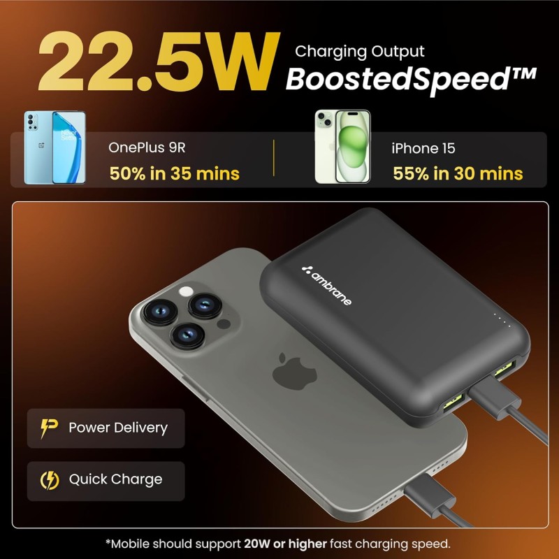 (Refurbished) Ambrane 20000 mAh Mini Power Bank with 22.5W Fast Charging, Pocket Size, Triple Output, Type C PD (Input & Output), Li-Polymer, Made in India + Type C Cable (Powerlit XL Lite, Black) (Refurbished) Ambrane 20000 mAh Mini Power Bank with 22.5W Fast Charging, Pocket Size, Triple Output, Type C PD (Input & Output), Li-Polymer, Made in India + Type C Cable (Powerlit XL Lite, Black)